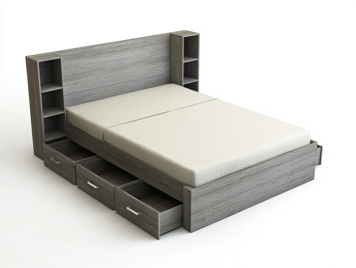 Lit double avec rangement 160x200x120 cm - bois gris - style fonctionnel avec étagères et tiroirs intégrés-Homelyia