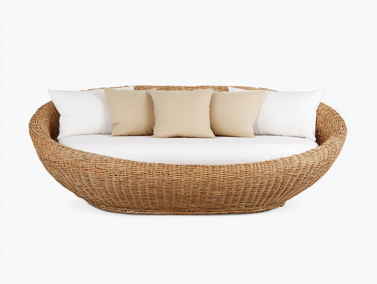 Canapé de jardin 2 places en rotin synthétique 170x95x85 cm - brun clair/blanc - design ovale naturel-Homelyia