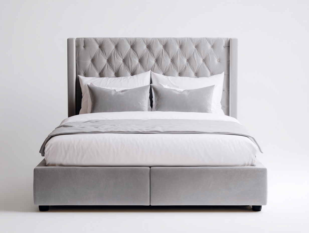 Lit double tapissé 165x210x120 cm - gris clair - style classique avec tête de lit capitonnée-Homelyia