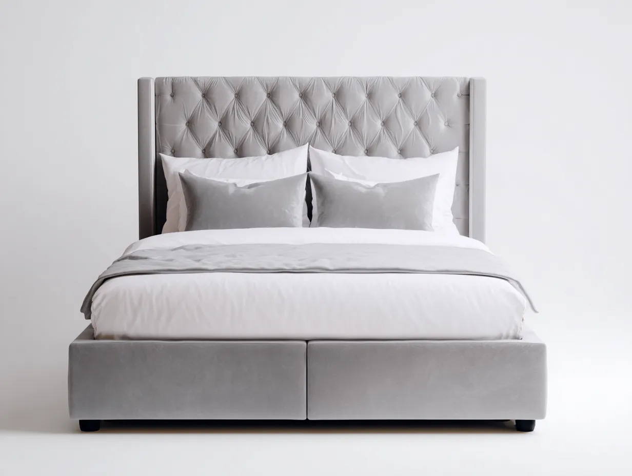 Lit double tapissé 165x210x120 cm - gris clair - style classique avec tête de lit capitonnée-Homelyia