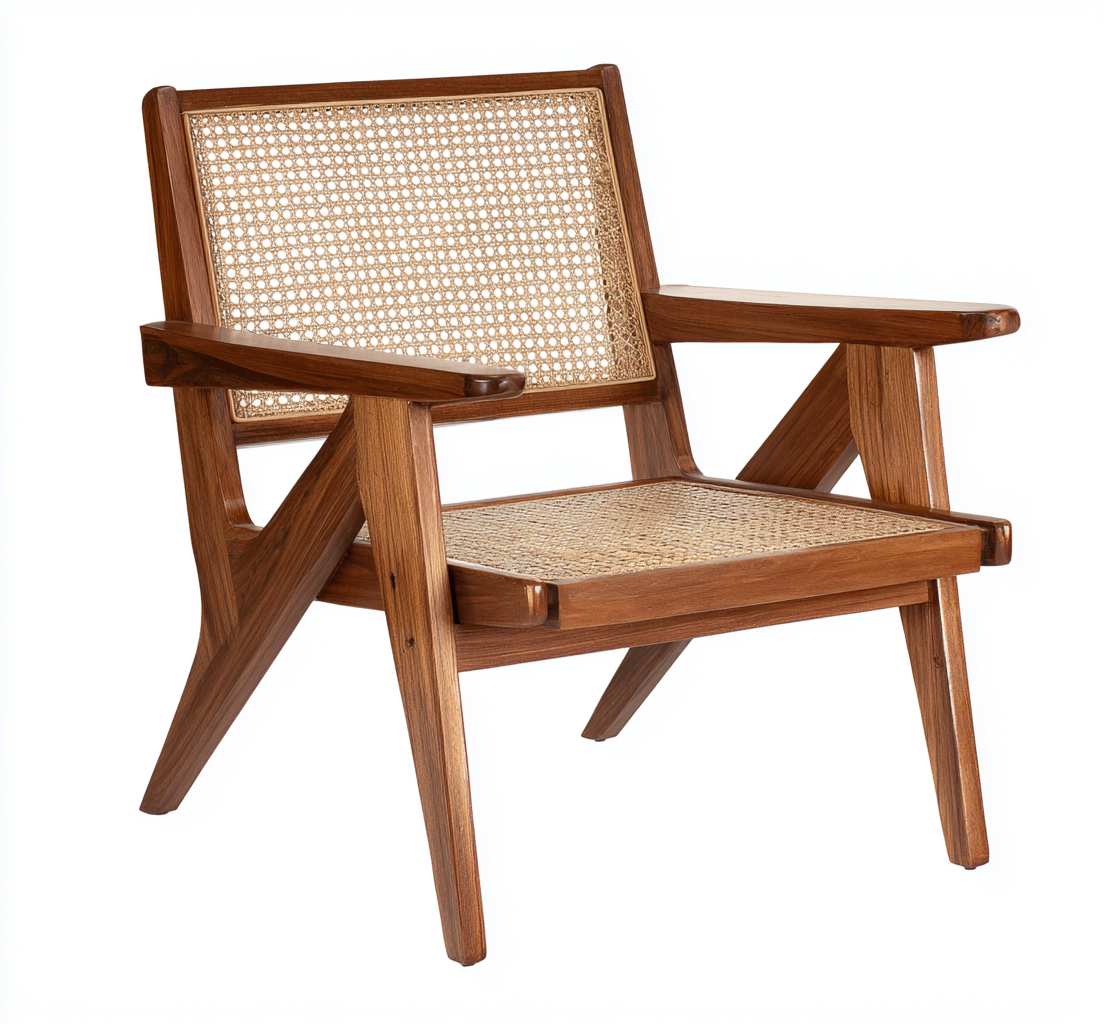 Fauteuil en bois et rotin 73x78x82 cm - noyer moyen - style rétro naturel-Homelyia