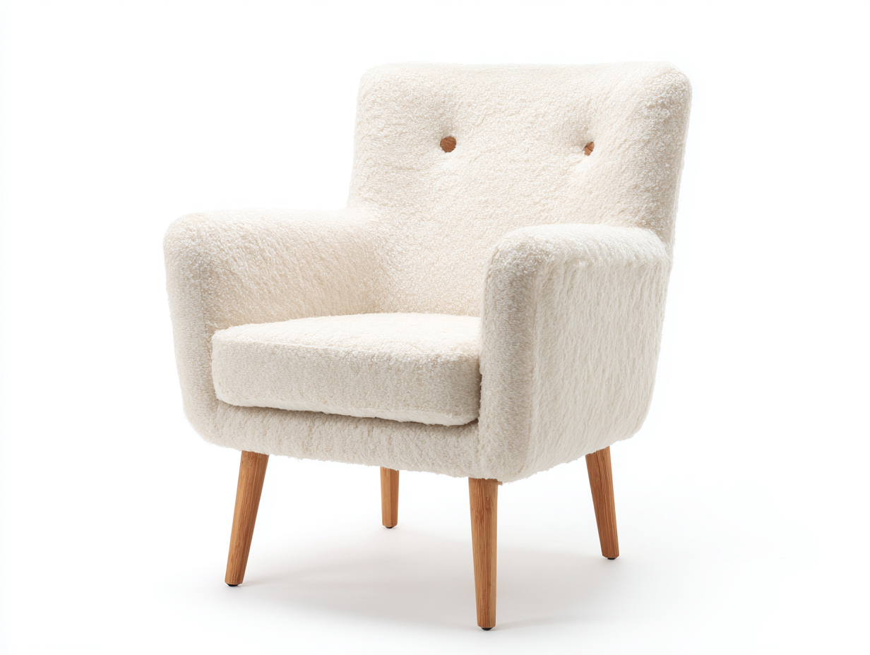 Fauteuil en tissu bouclette avec pieds en bois 78x80x84 cm - blanc cassé / bois naturel - style moderne-Homelyia