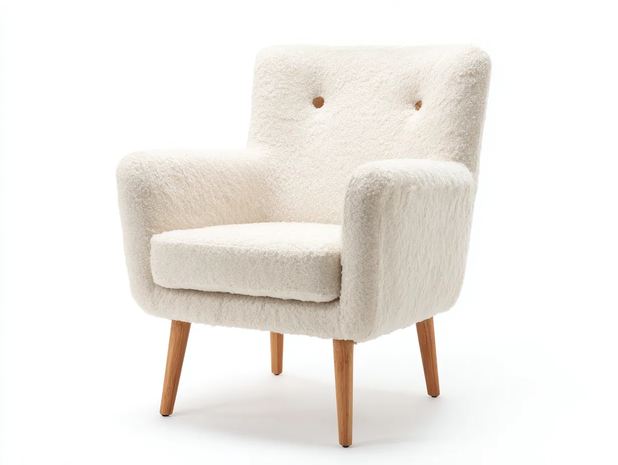 Fauteuil en tissu bouclette avec pieds en bois 78x80x84 cm - blanc cassé / bois naturel - style moderne-Homelyia