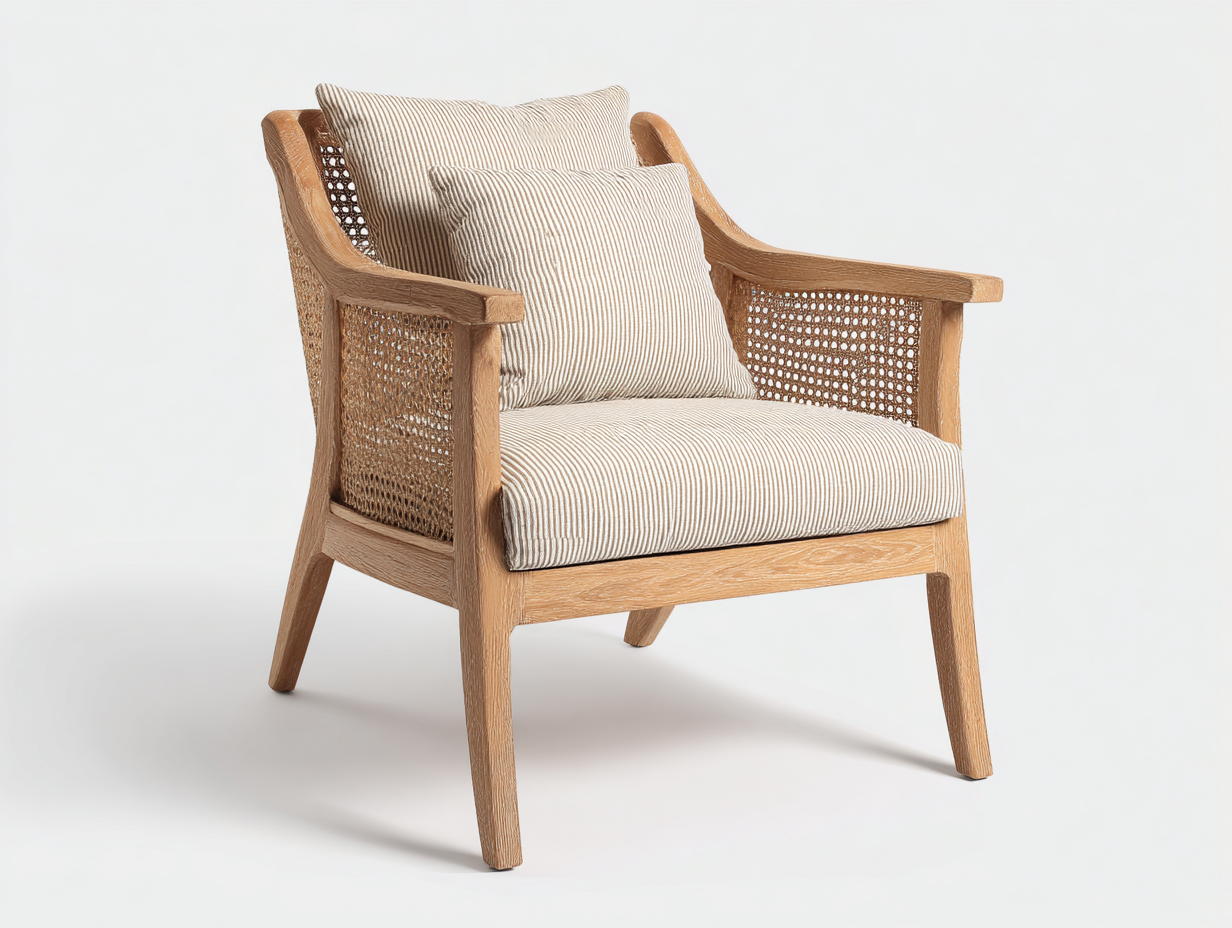 Fauteuil en bois et rotin avec coussins en tissu 77x81x86 cm - beige / bois naturel - style contemporain-Homelyia