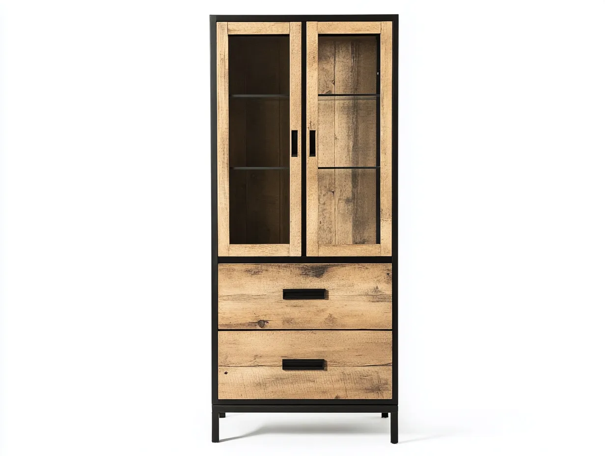 Vitrine en bois clair et métal 80x40x190 cm - noir - avec espace de rangement industriel-Homelyia