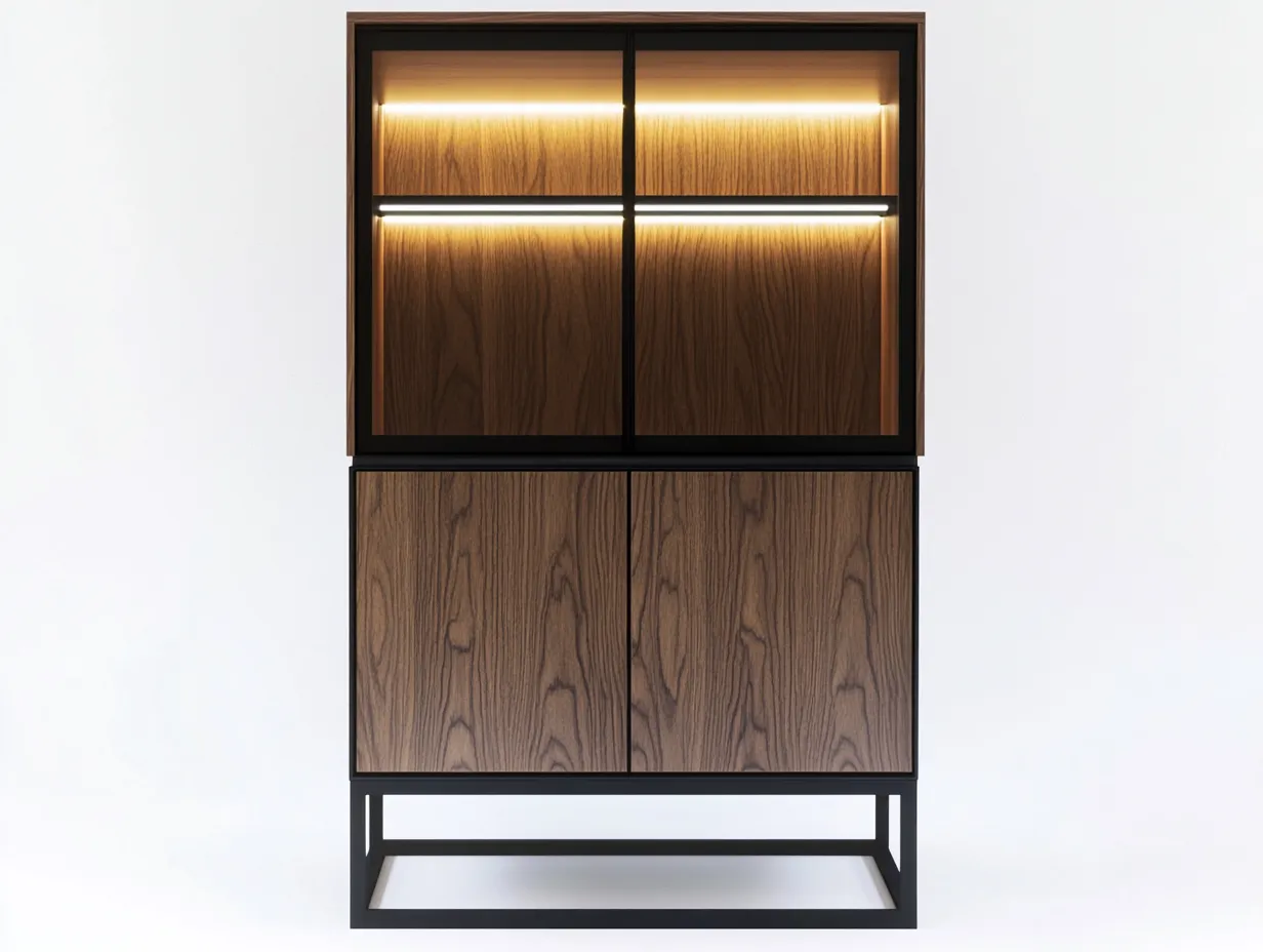 Vitrine en bois et verre 100x43x175 cm - noyer/noir - avec espace de rangement - style moderne-Homelyia