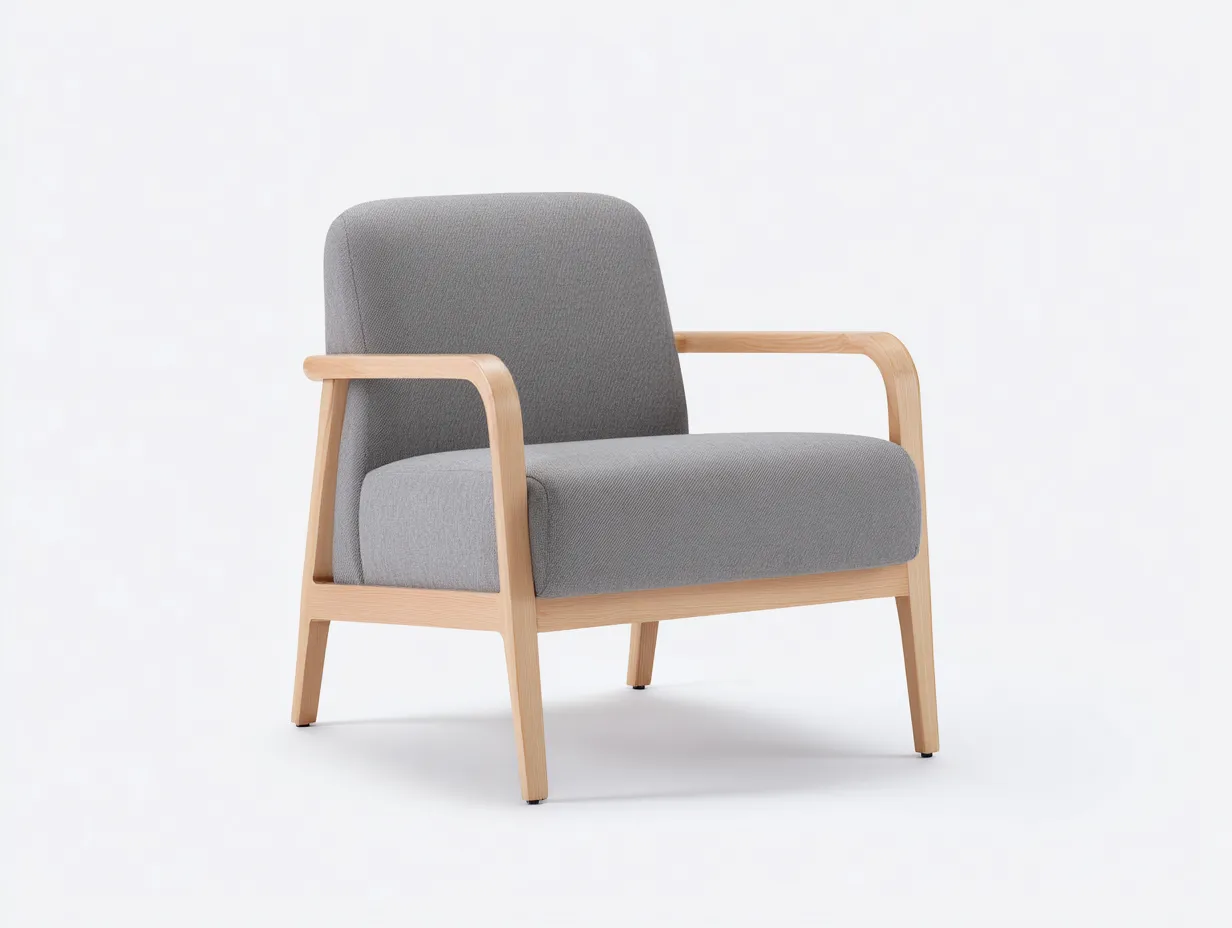 Fauteuil en tissu avec structure en bois 79x82x85 cm - gris clair/bois naturel - style scandinave-Homelyia