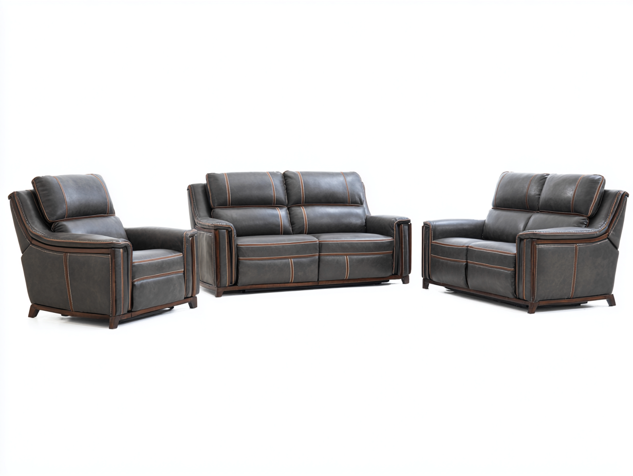 Ensemble 2 canapés 2 places 160x95x100 cm et fauteuil 95x90x100 cm en cuir synthétique - gris brun - avec surpiqûres contrastées et piètement en bois-Homelyia