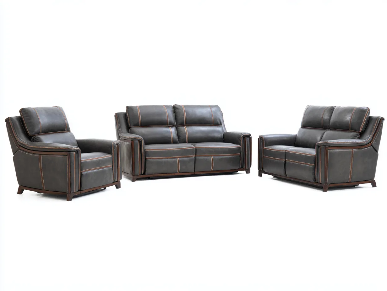 Ensemble 2 canapés 2 places 160x95x100 cm et fauteuil 95x90x100 cm en cuir synthétique - gris brun - avec surpiqûres contrastées et piètement en bois-Homelyia