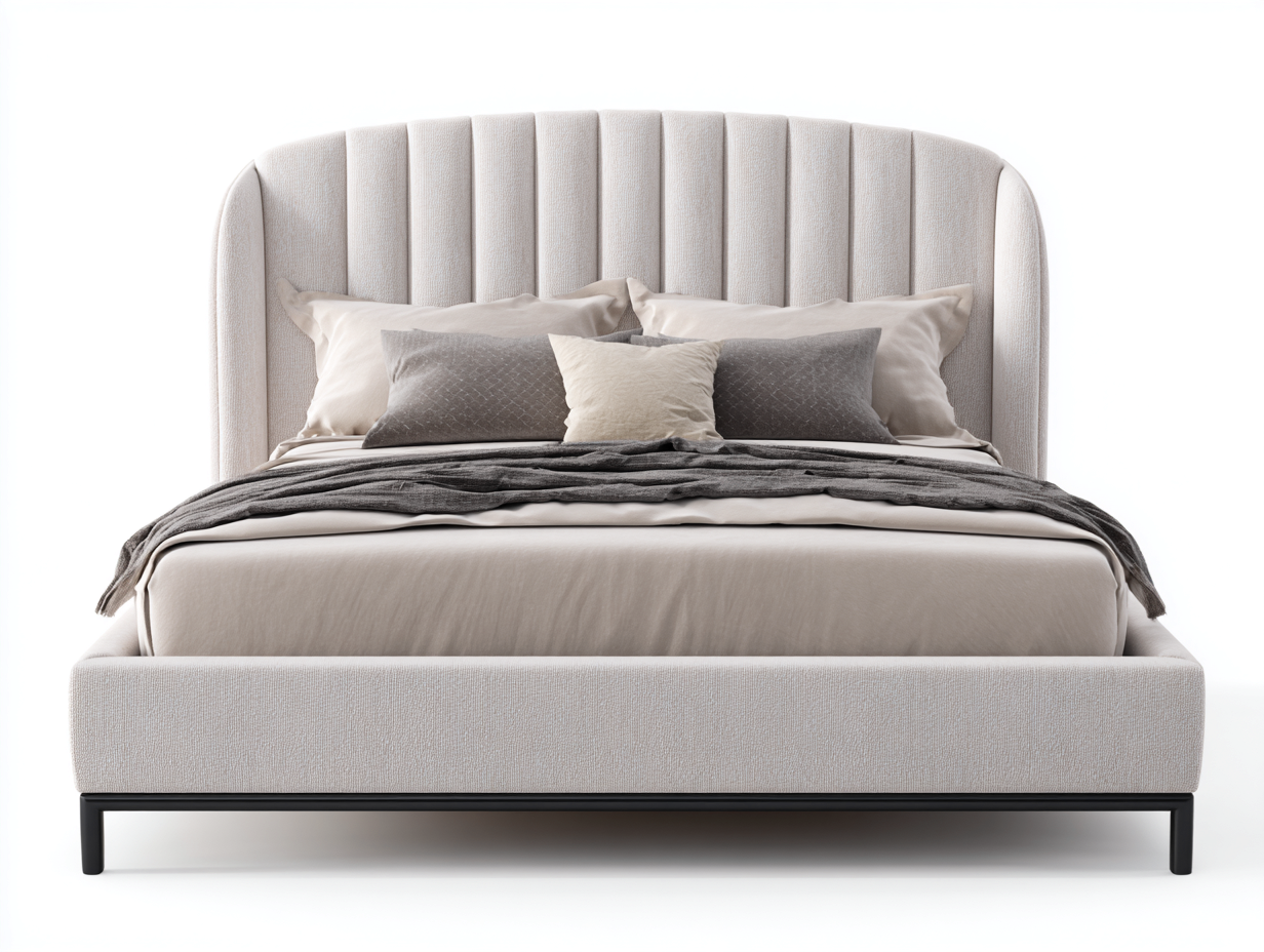 Lit double tapissé 165x210x115 cm - beige clair - style moderne avec tête de lit incurvée-Homelyia