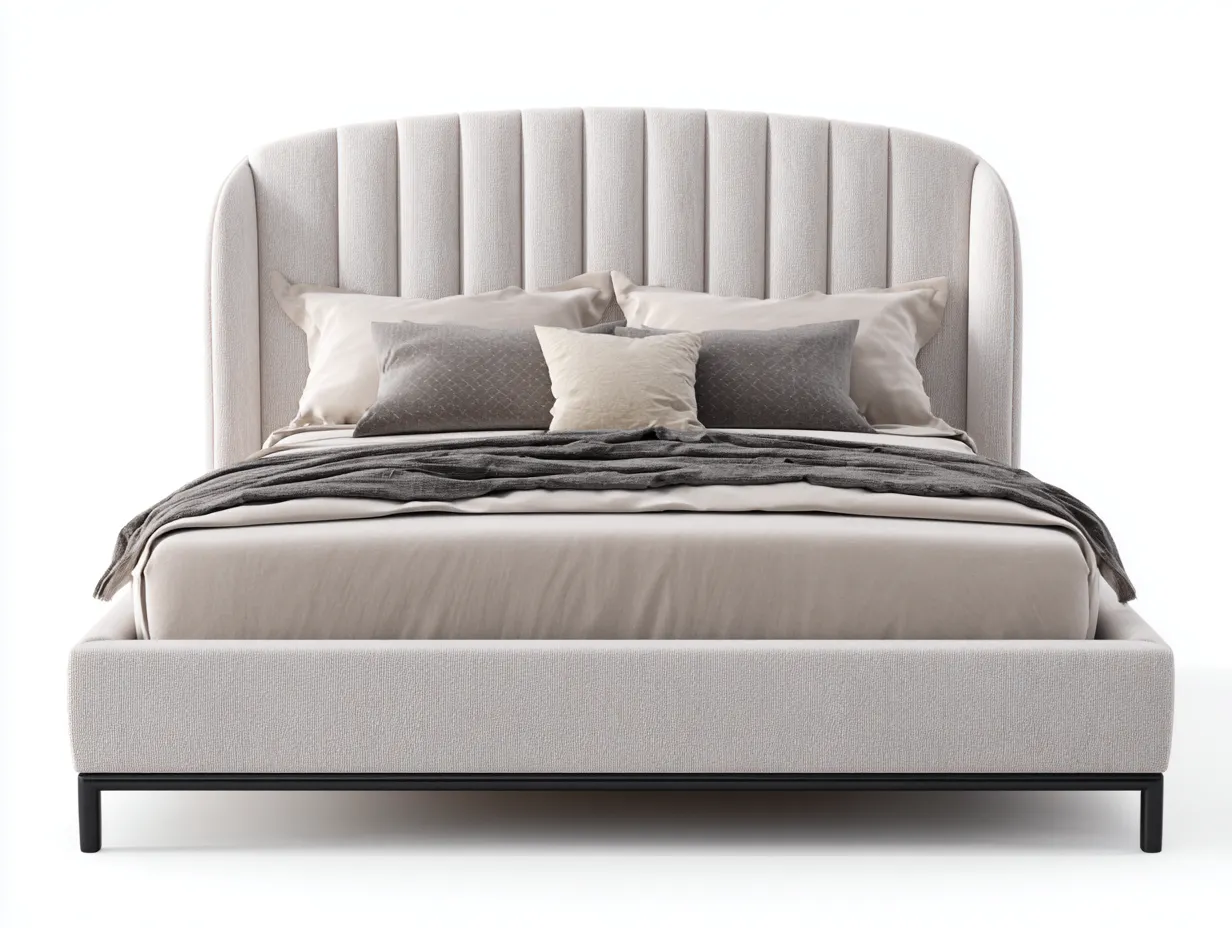 Lit double tapissé 165x210x115 cm - beige clair - style moderne avec tête de lit incurvée-Homelyia