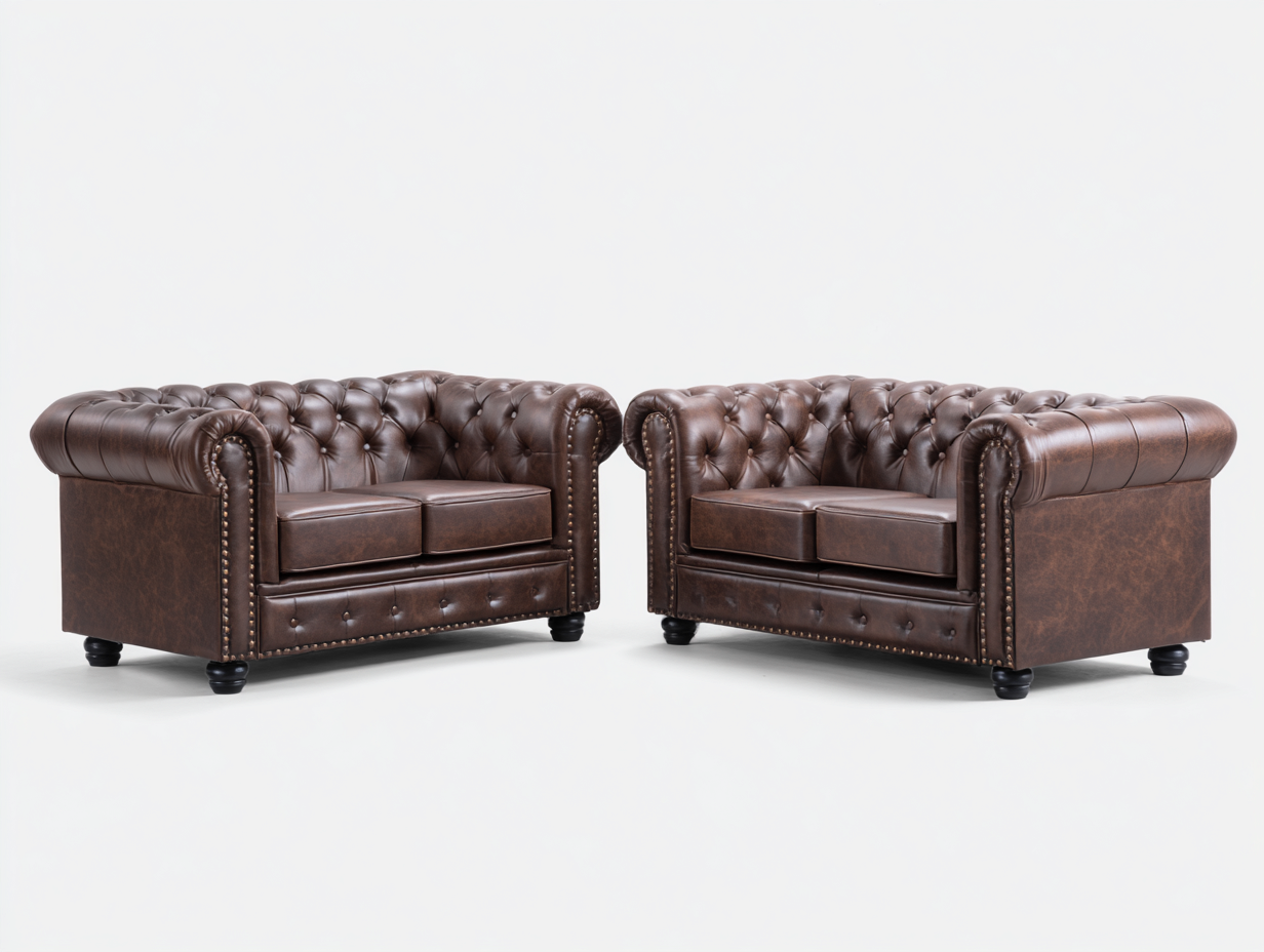 Canapé 2 places 165x90x75 cm et canapé 2 places 165x90x75 cm - cuir véritable marron foncé - style Chesterfield classique et raffiné-Homelyia