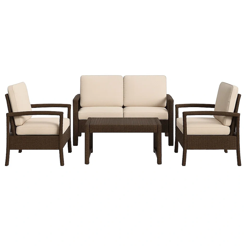 Set conversazione in rattan PE marrone con cuscini sfoderabili