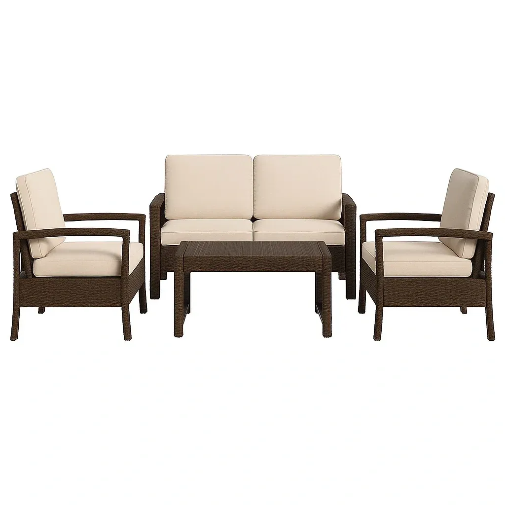 Set conversazione in rattan PE marrone con cuscini sfoderabili