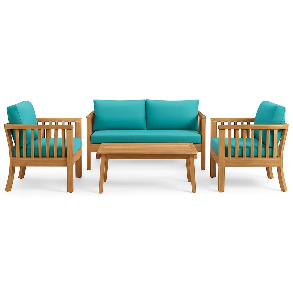 Set conversazione in legno con cuscini turchesi