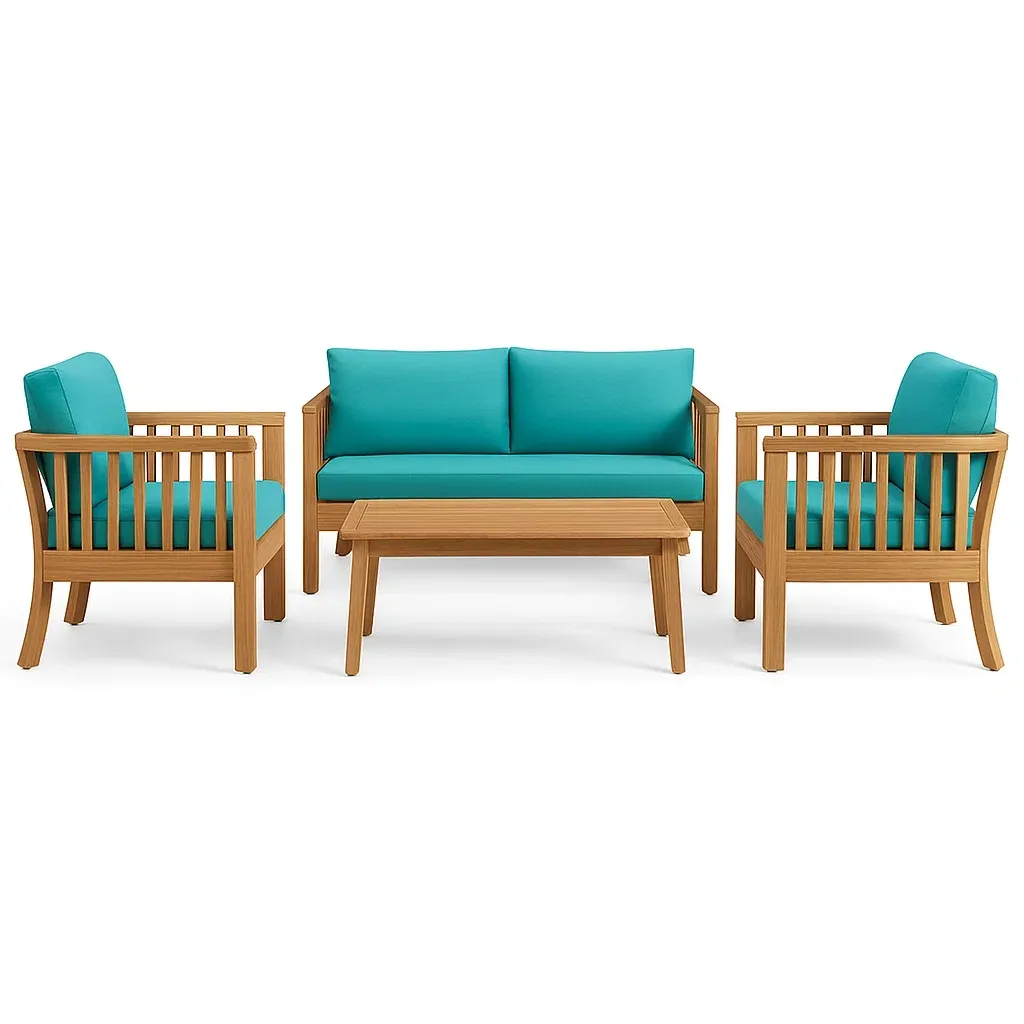 Set conversazione in legno con cuscini turchesi