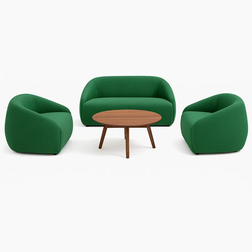 Set conversazione con divano 2 posti, poltrone in tessuto verde e tavolino rotondo in legno