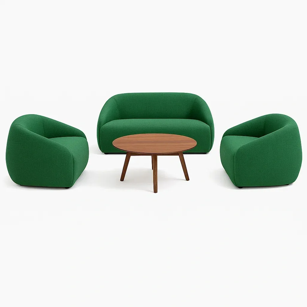 Set conversazione con divano 2 posti, poltrone in tessuto verde e tavolino rotondo in legno