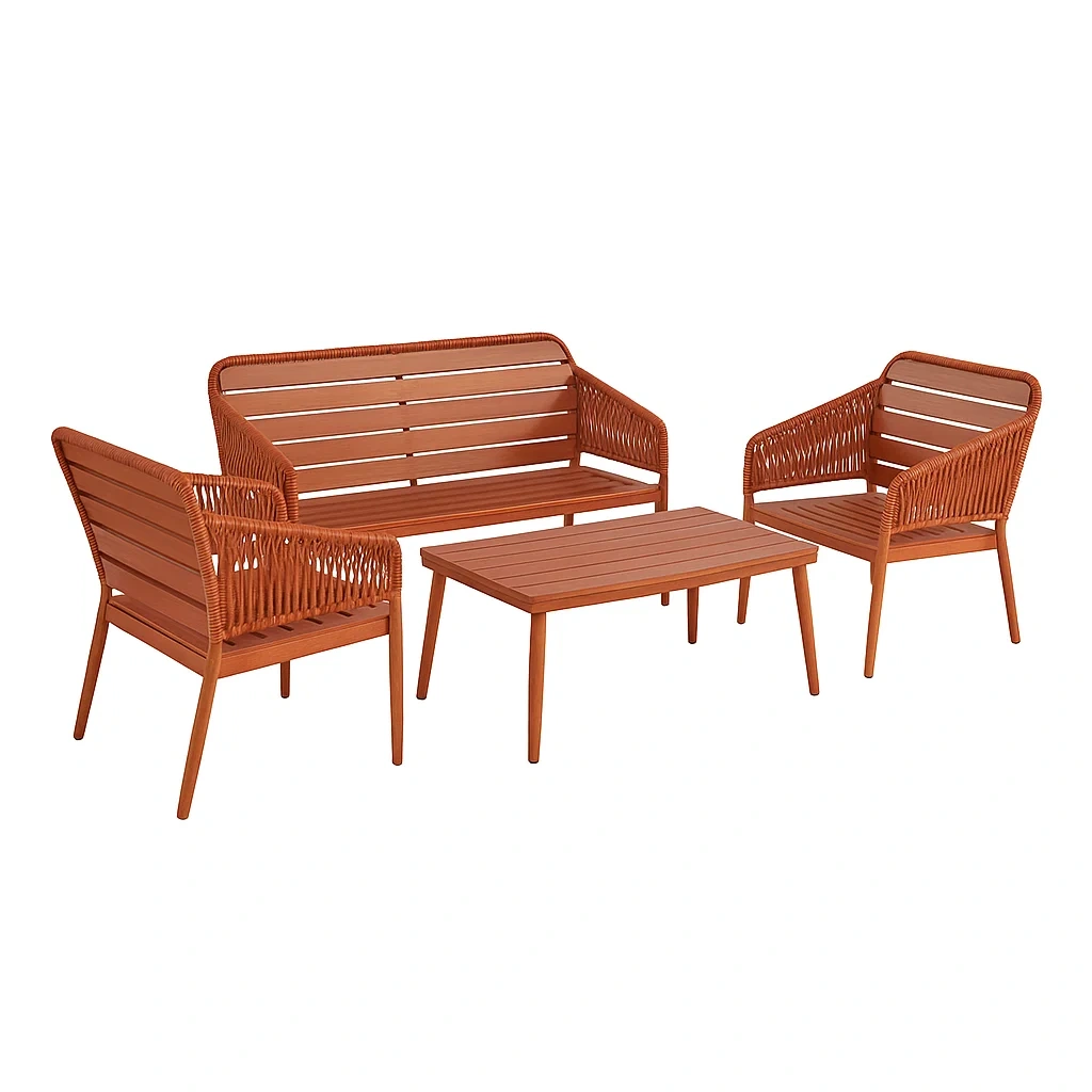 Set conversazione in legno e rattan sintetico arancione
