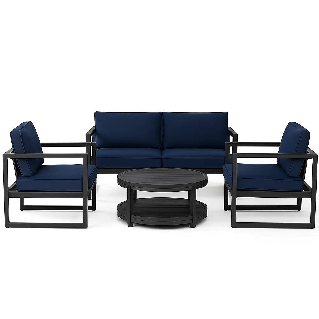 Set conversazione in alluminio con cuscini blu e tavolino rotondo