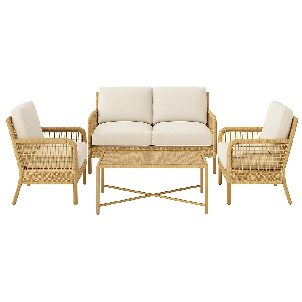 Set conversazione in vimini con cuscini color crema