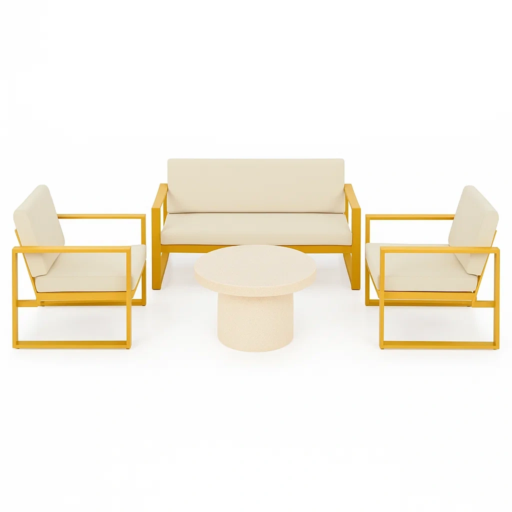 Set conversazione in metallo giallo con cuscini crema