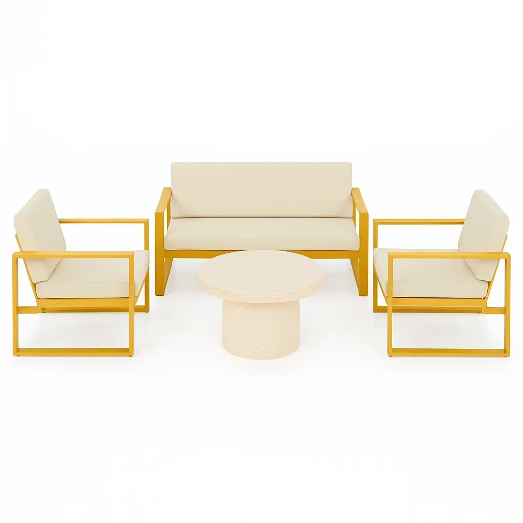 Set conversazione in metallo giallo con cuscini crema