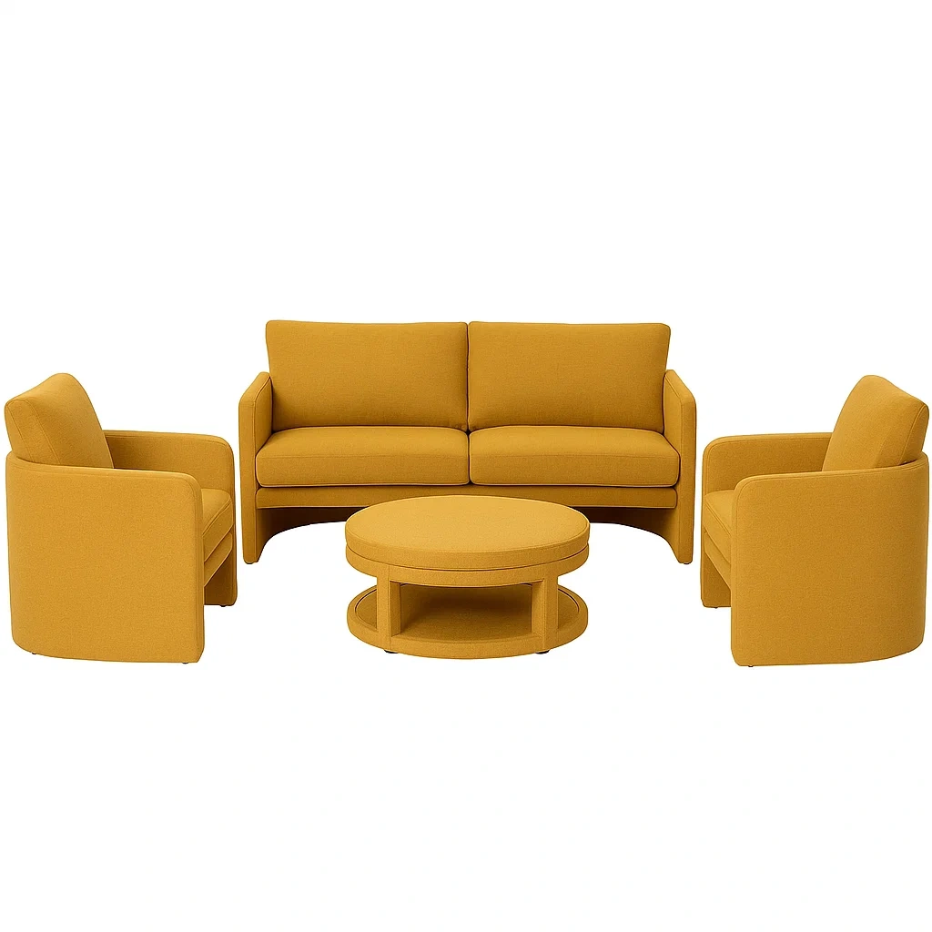 Set conversazione con divano 3 posti, poltrone e tavolino in tessuto giallo