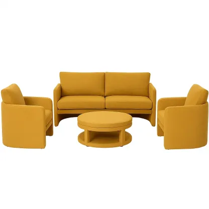 Set conversazione con divano 3 posti, poltrone e tavolino in tessuto giallo
