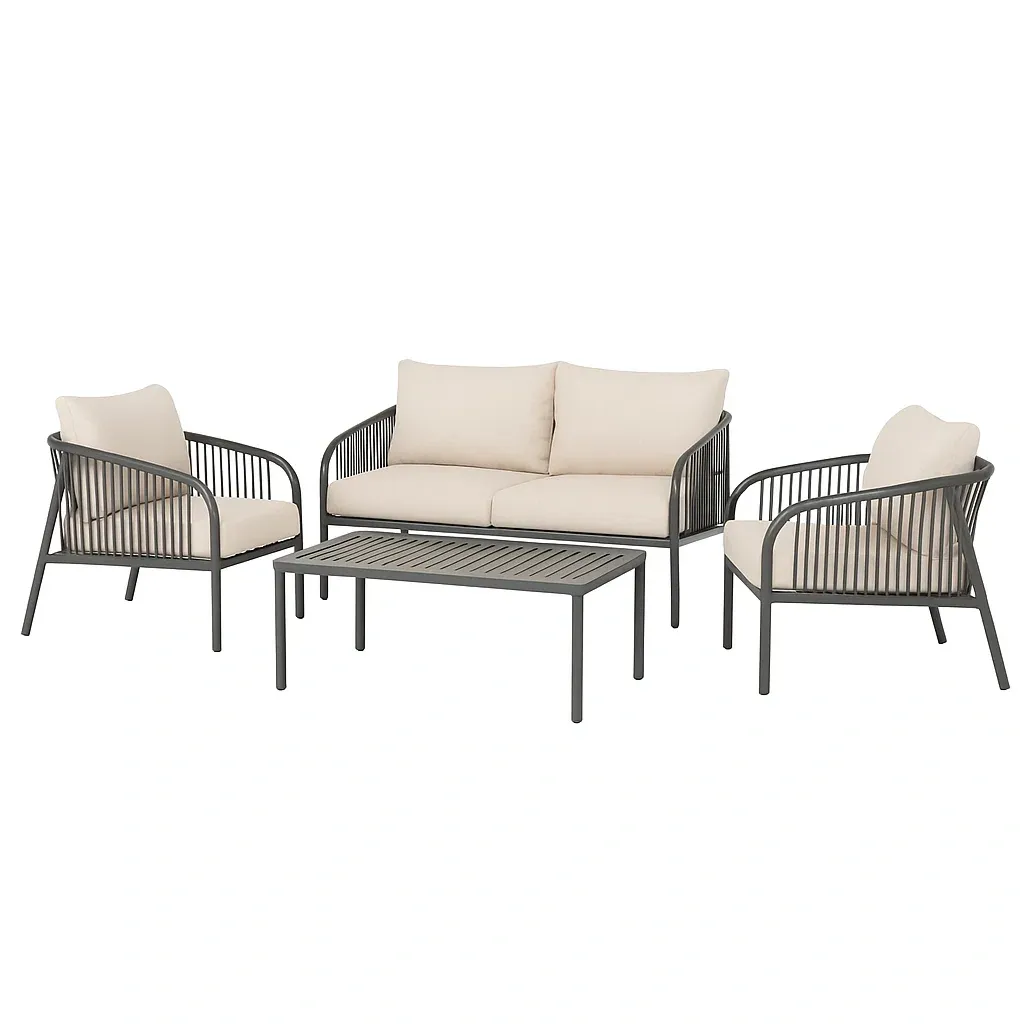 Set conversazione in metallo grigio con cuscini crema