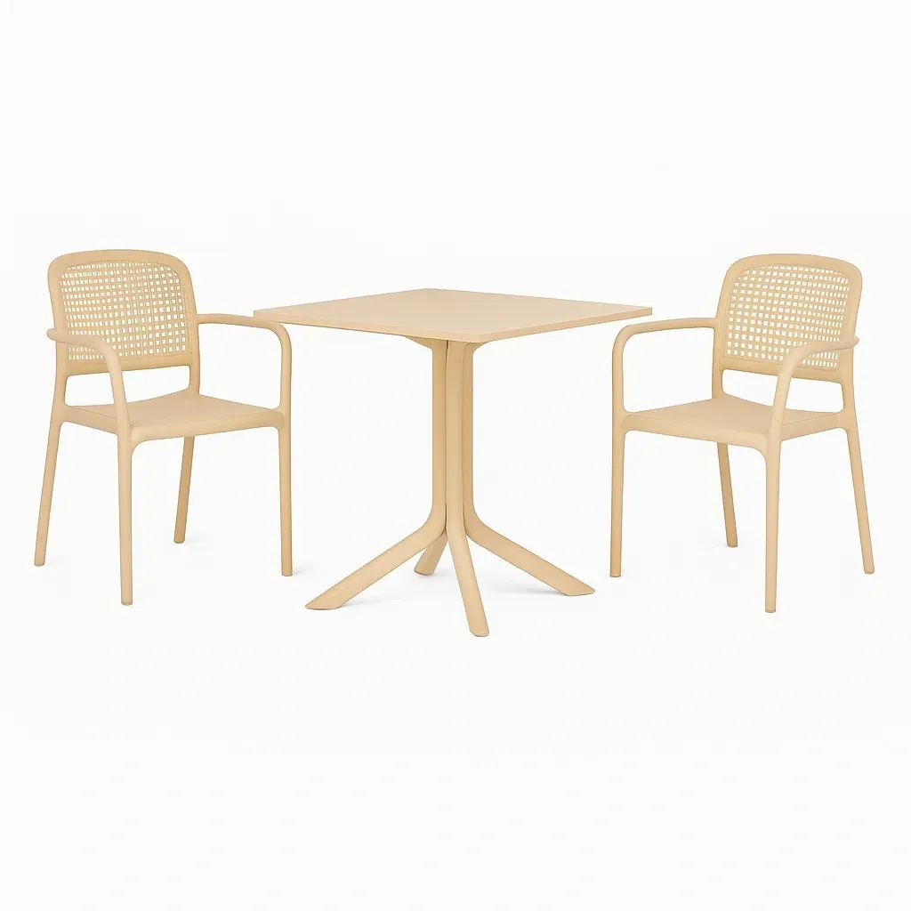 Set da tempo libero piccolo con tavolo quadrato 60×60 cm beige e 2 sedie in plastica