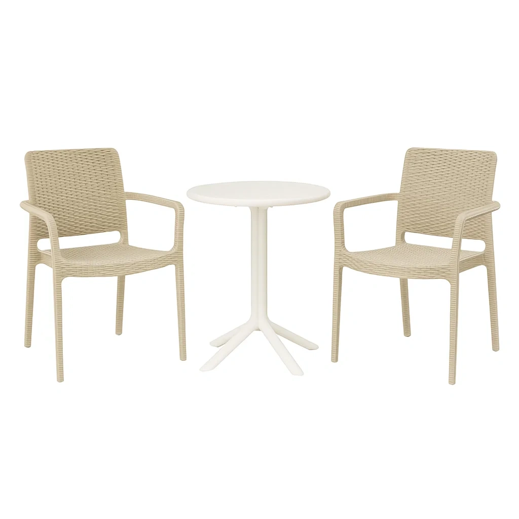 Set da tempo libero piccolo con tavolo rotondo Ø60 cm in polipropilene bianco e 2 sedie intrecciate beige