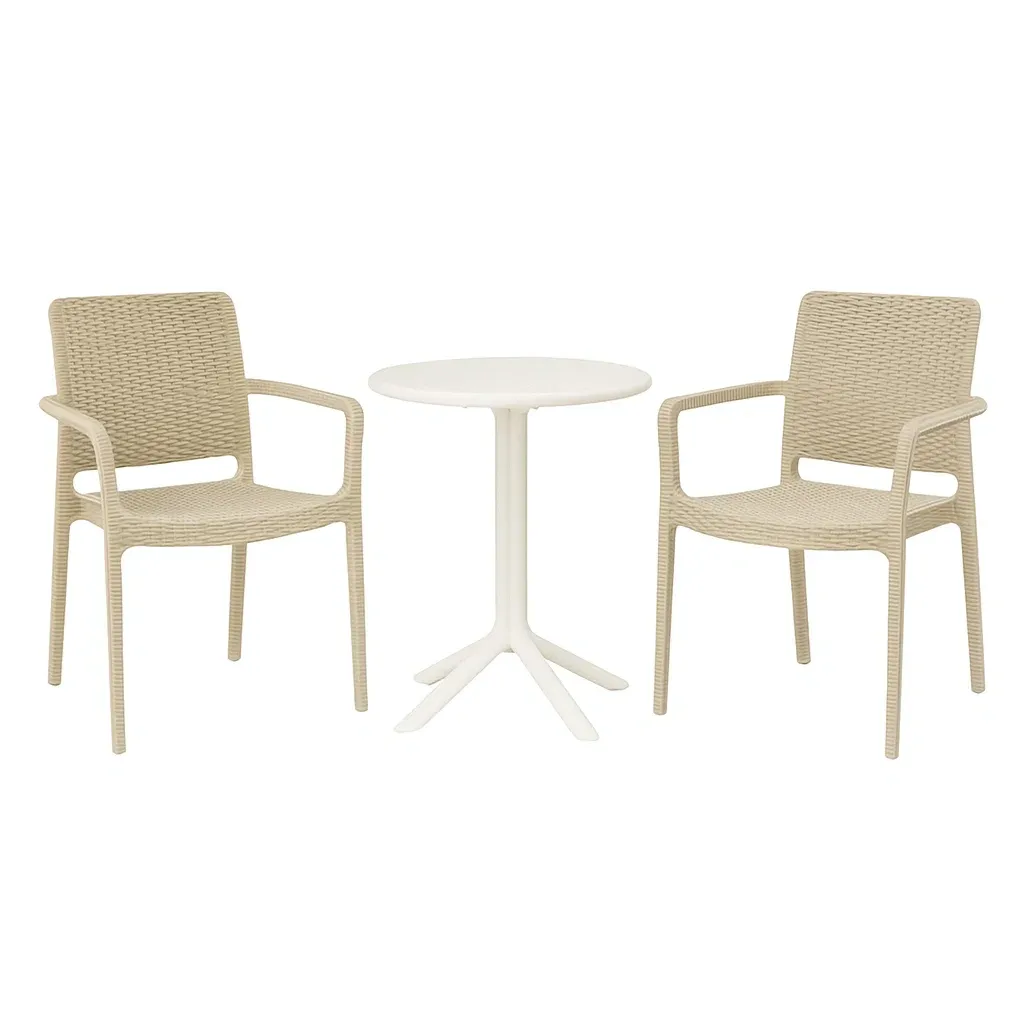 Set da tempo libero piccolo con tavolo rotondo Ø60 cm in polipropilene bianco e 2 sedie intrecciate beige