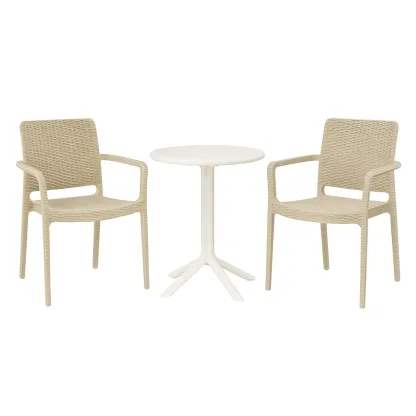 Set da tempo libero piccolo con tavolo rotondo Ø60 cm in polipropilene bianco e 2 sedie intrecciate beige