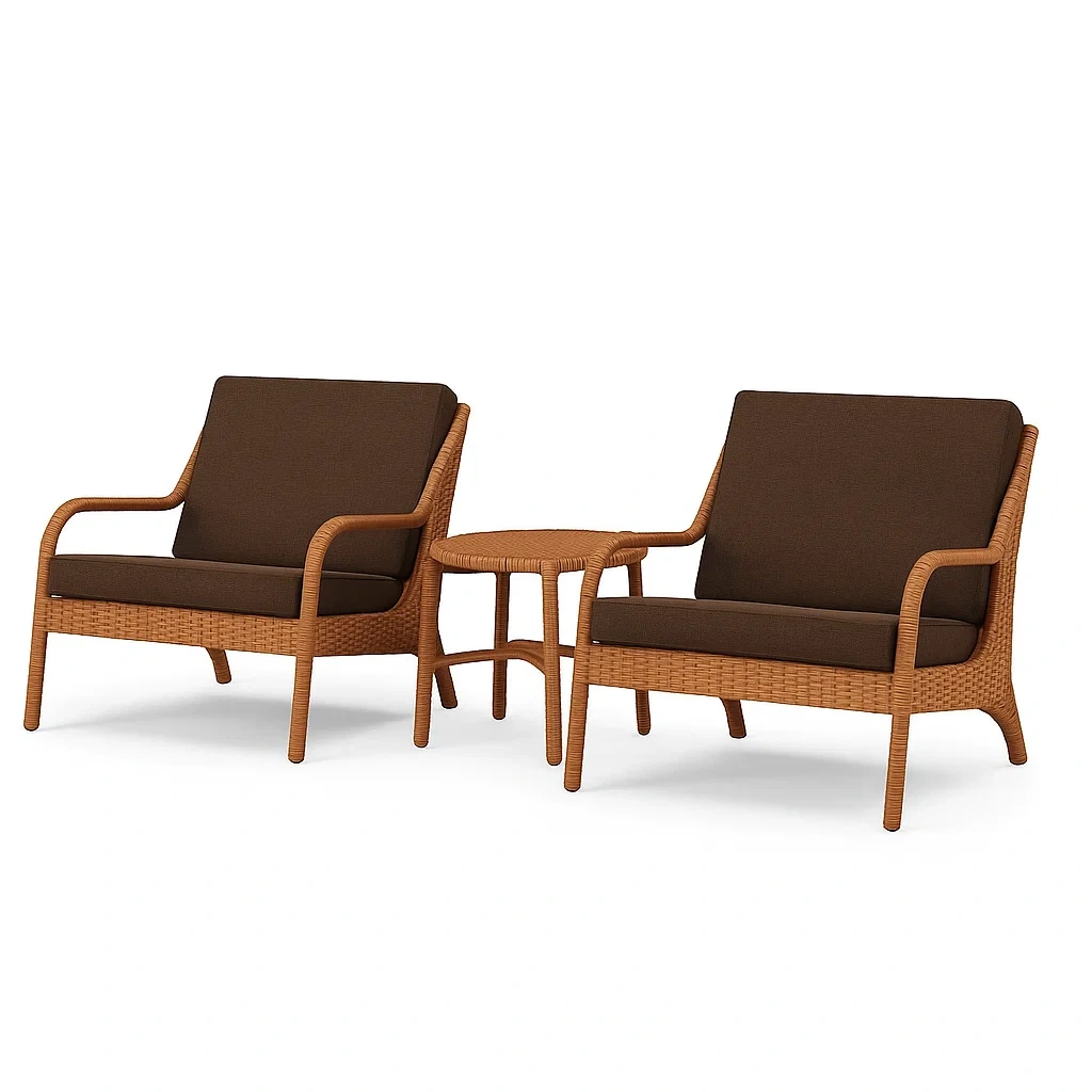 Set da tempo libero piccolo in rattan sintetico marrone con tavolino e cuscini staccabili