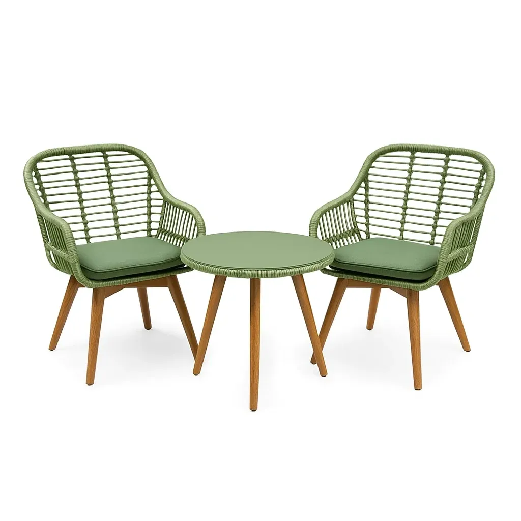 Set da tempo libero piccolo con tavolo rotondo e 2 sedie in rattan sintetico verde