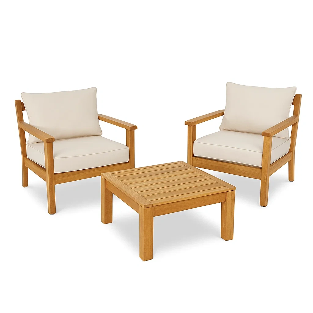 Set da tempo libero piccolo in legno di teak con cuscini in tessuto poliestere