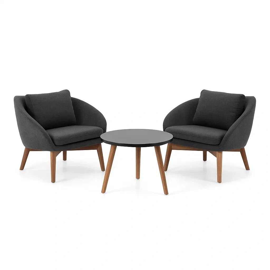 Set da tempo libero piccolo con 2 poltrone e tavolino rotondo in tessuto e legno