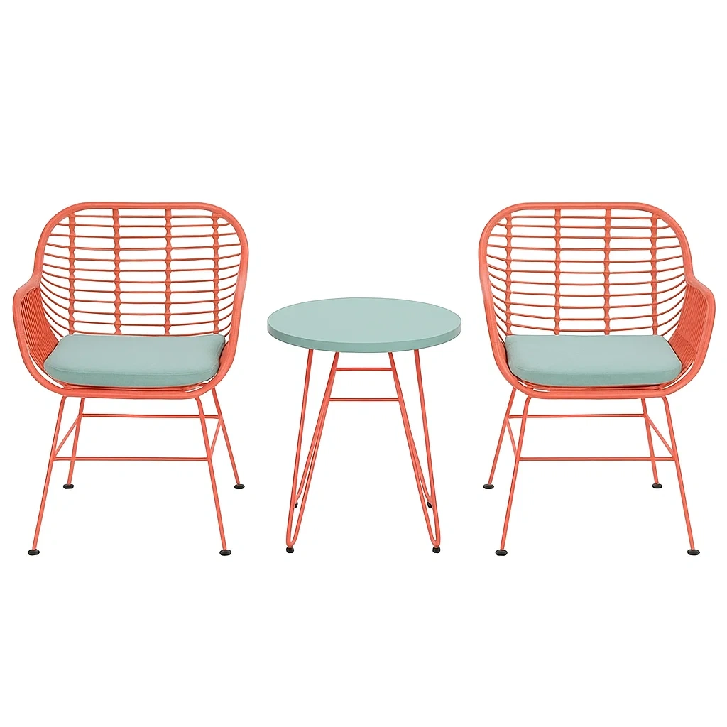 Set da tempo libero piccolo 3 pezzi in ferro con sedie e tavolino corallo e verde