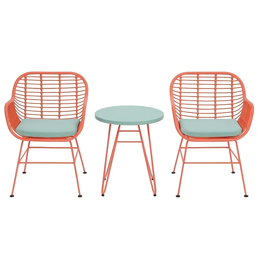 Set da tempo libero piccolo 3 pezzi in ferro con sedie e tavolino corallo e verde