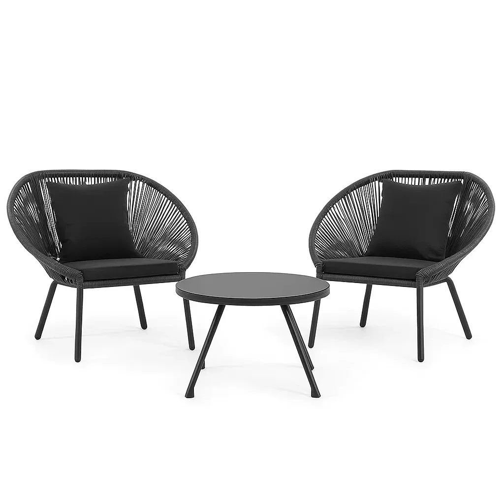 Set da tempo libero piccolo in rattan e acciaio con cuscini