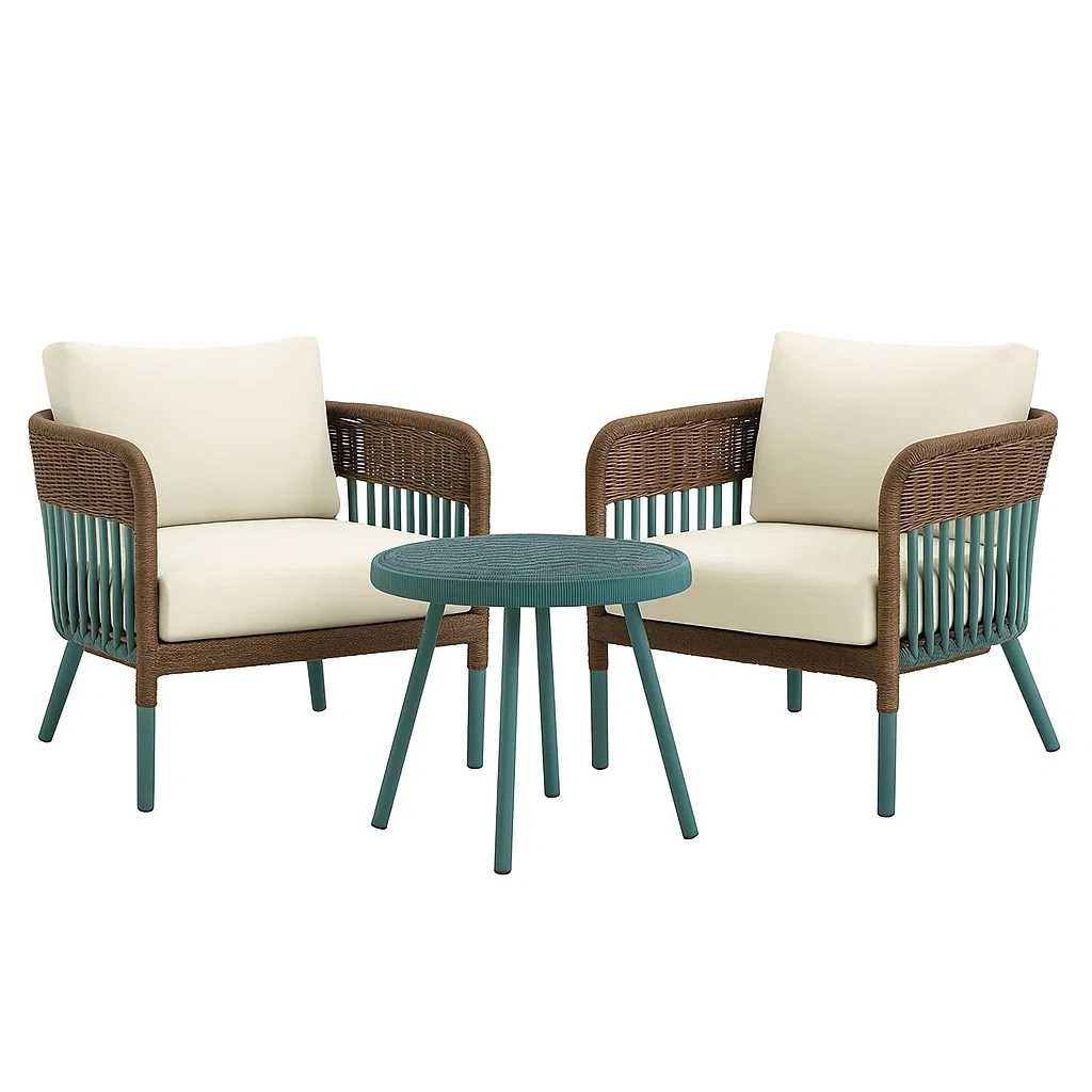 Set da tempo libero piccolo con 2 poltrone e tavolino in rattan sintetico crema/verde