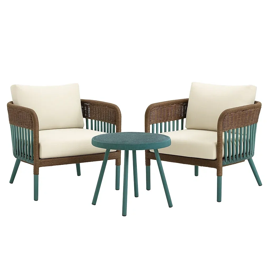 Set da tempo libero piccolo con 2 poltrone e tavolino in rattan sintetico crema/verde