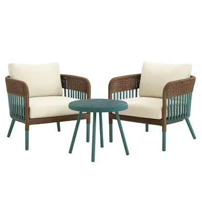 Set da tempo libero piccolo con 2 poltrone e tavolino in rattan sintetico crema/verde