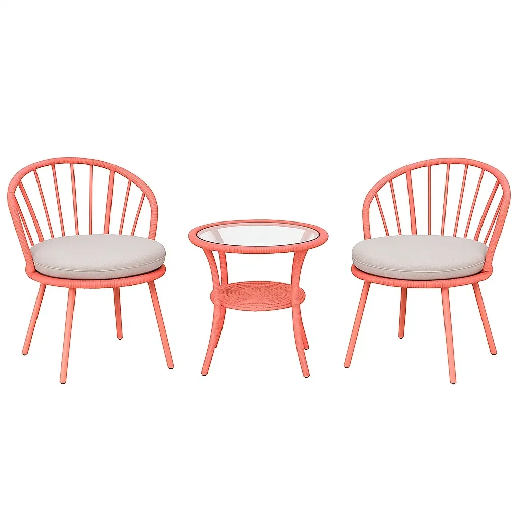 Set da tempo libero piccolo 3 pezzi in rattan color corallo