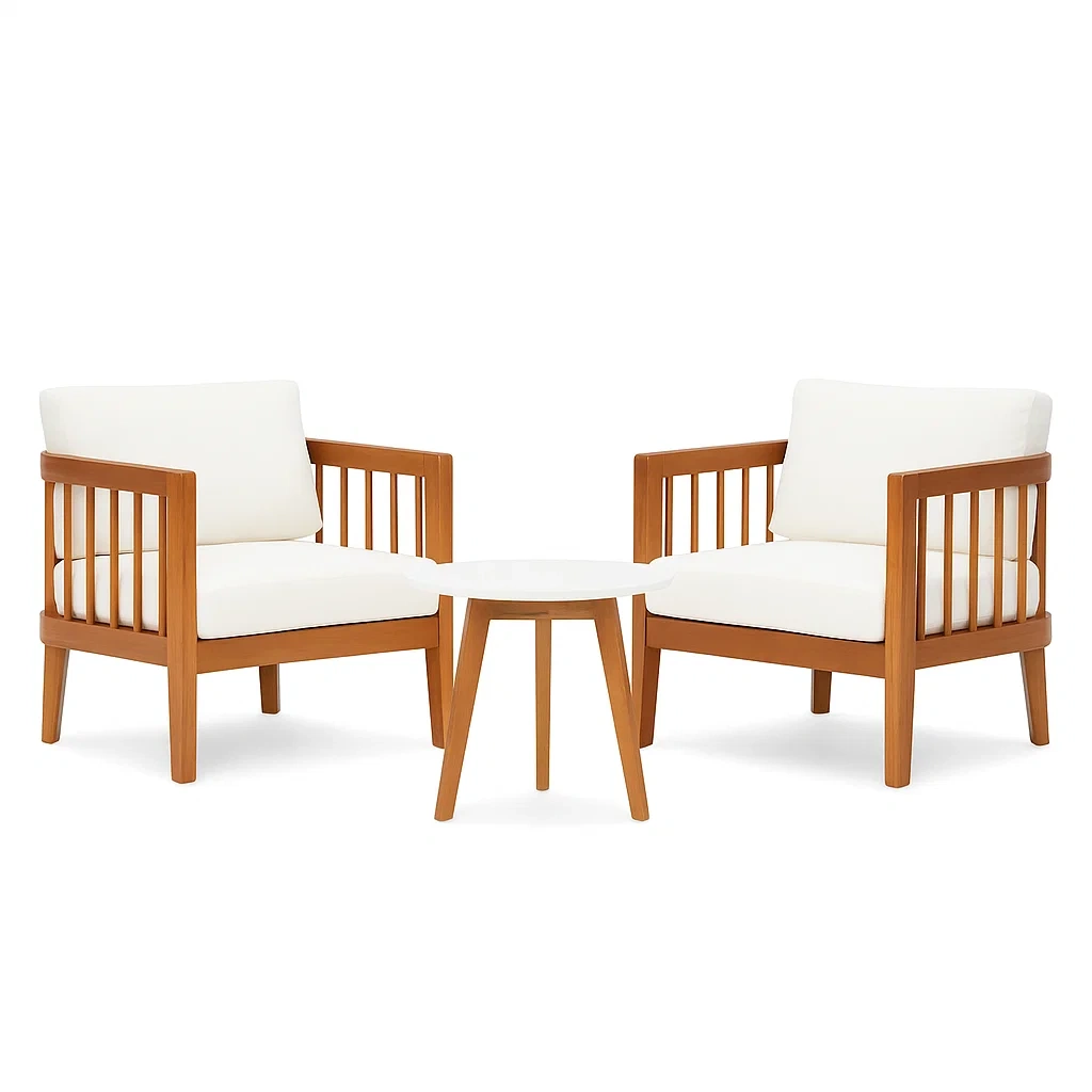 Set da tempo libero piccolo in legno con cuscini in poliestere bianchi