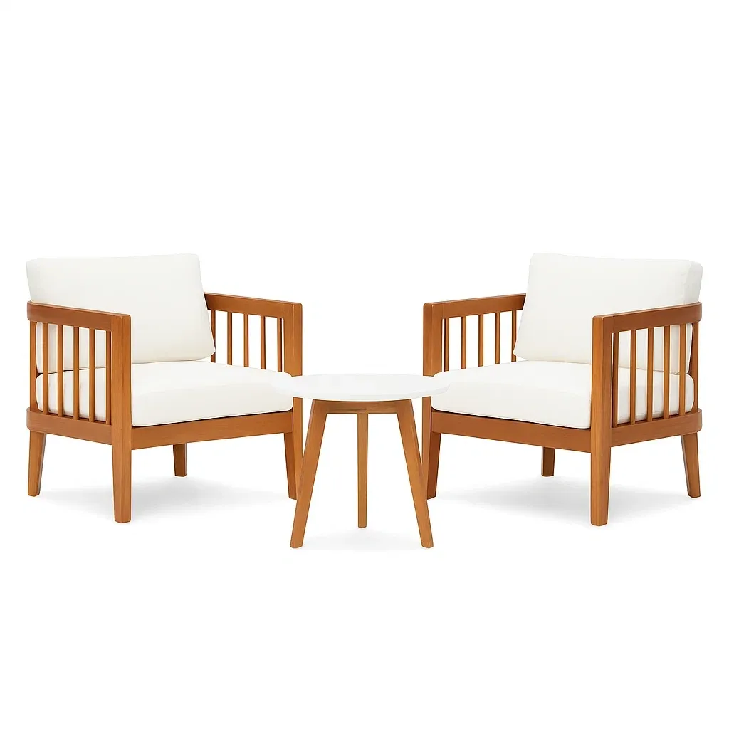 Set da tempo libero piccolo in legno con cuscini in poliestere bianchi