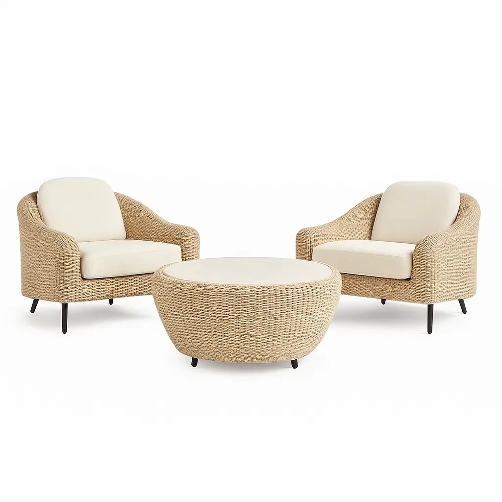 Set da tempo libero piccolo in rattan beige con 2 poltrone e tavolino