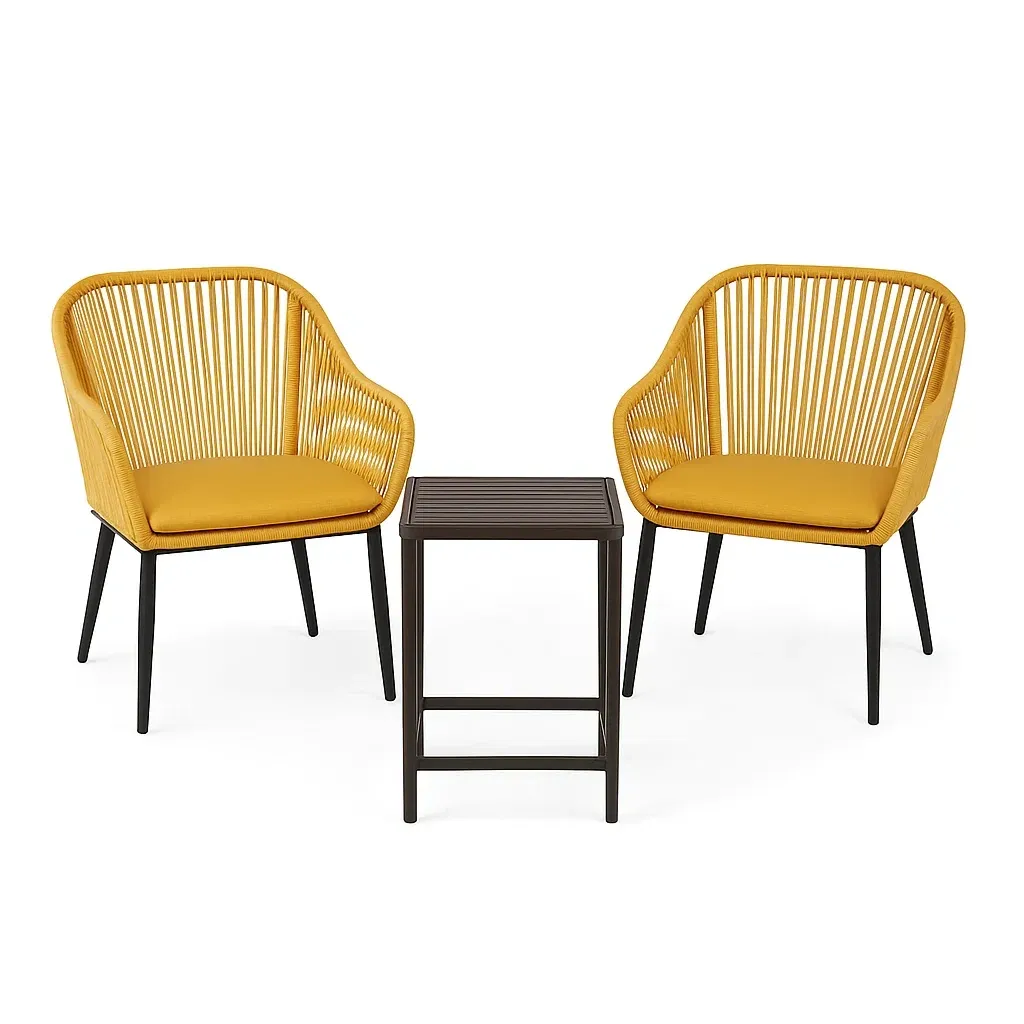 Set da tempo libero piccolo con sedie e tavolino in acciaio e corda giallo