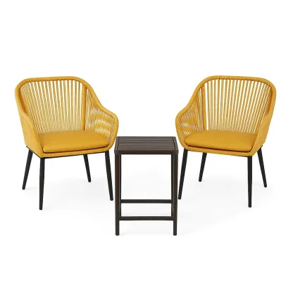 Set da tempo libero piccolo con sedie e tavolino in acciaio e corda giallo